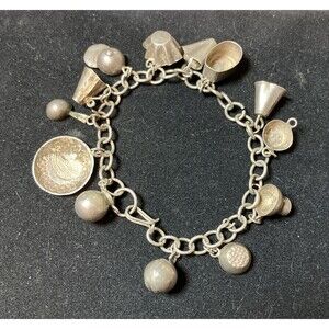 VTG Mexican 925 Sterling Silver Charm Bracelet Loaded w/13 Charms 7 In Long